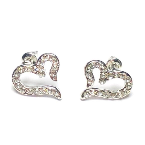 New! Rhinestones Heart Stud Earrings Silver - Picture 8 of 9